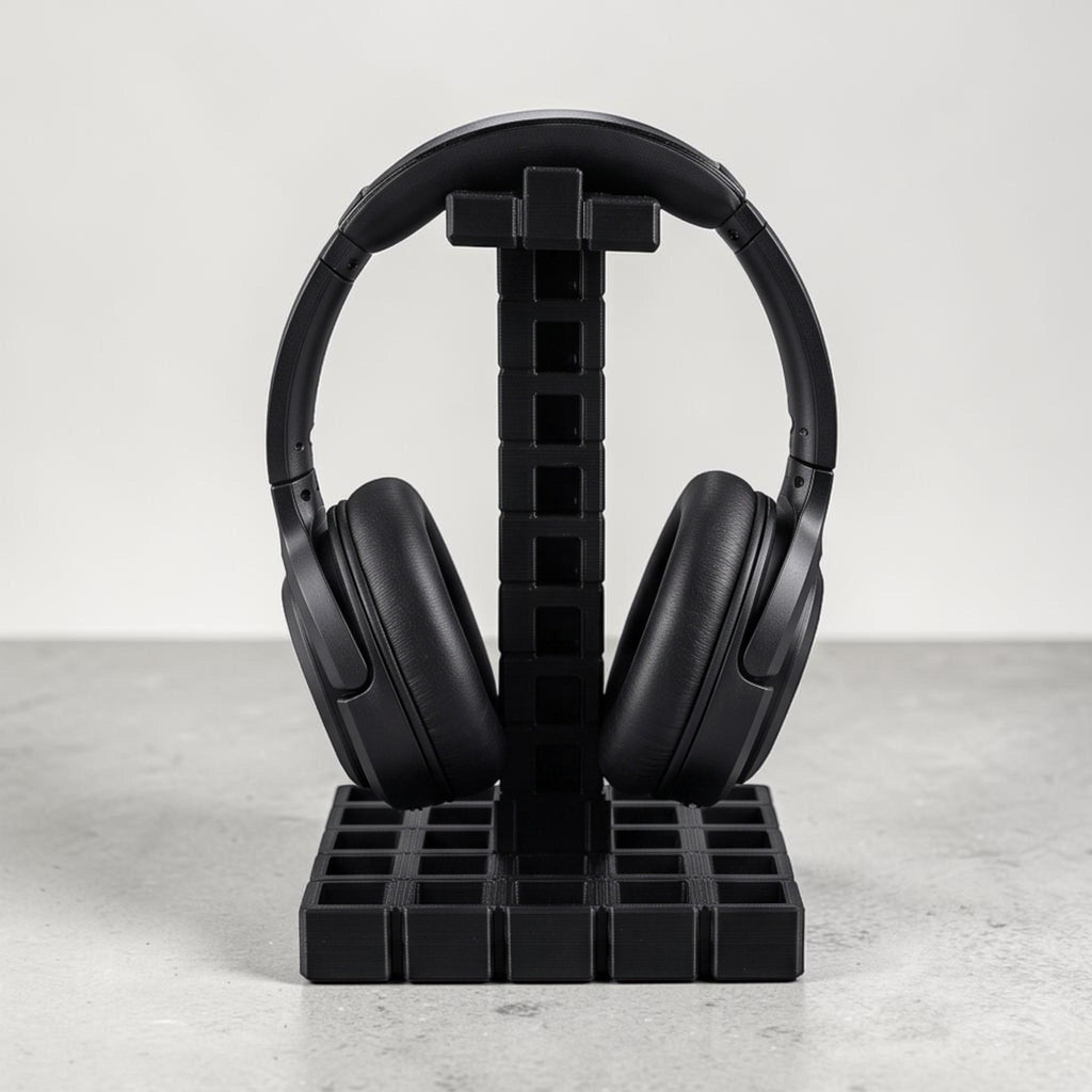 Industrial Grid Headphone Holder – 3D Printed Black Desk Organizer