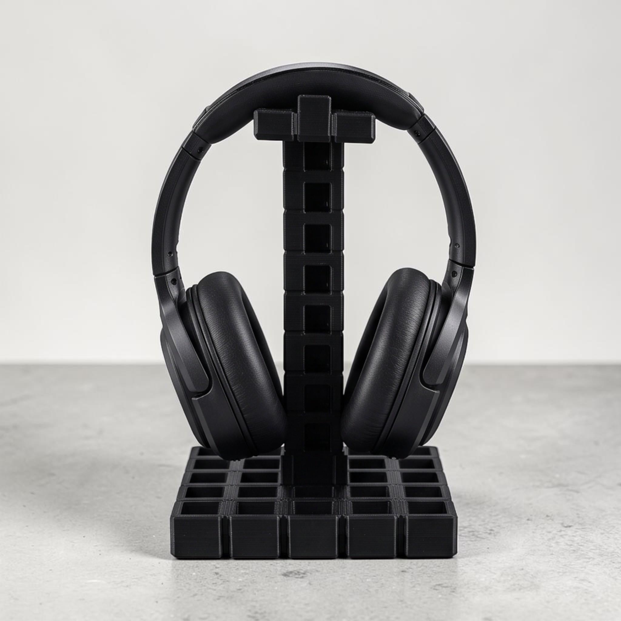 Industrial Grid Headphone Holder – 3D Printed Black Desk Organizer
