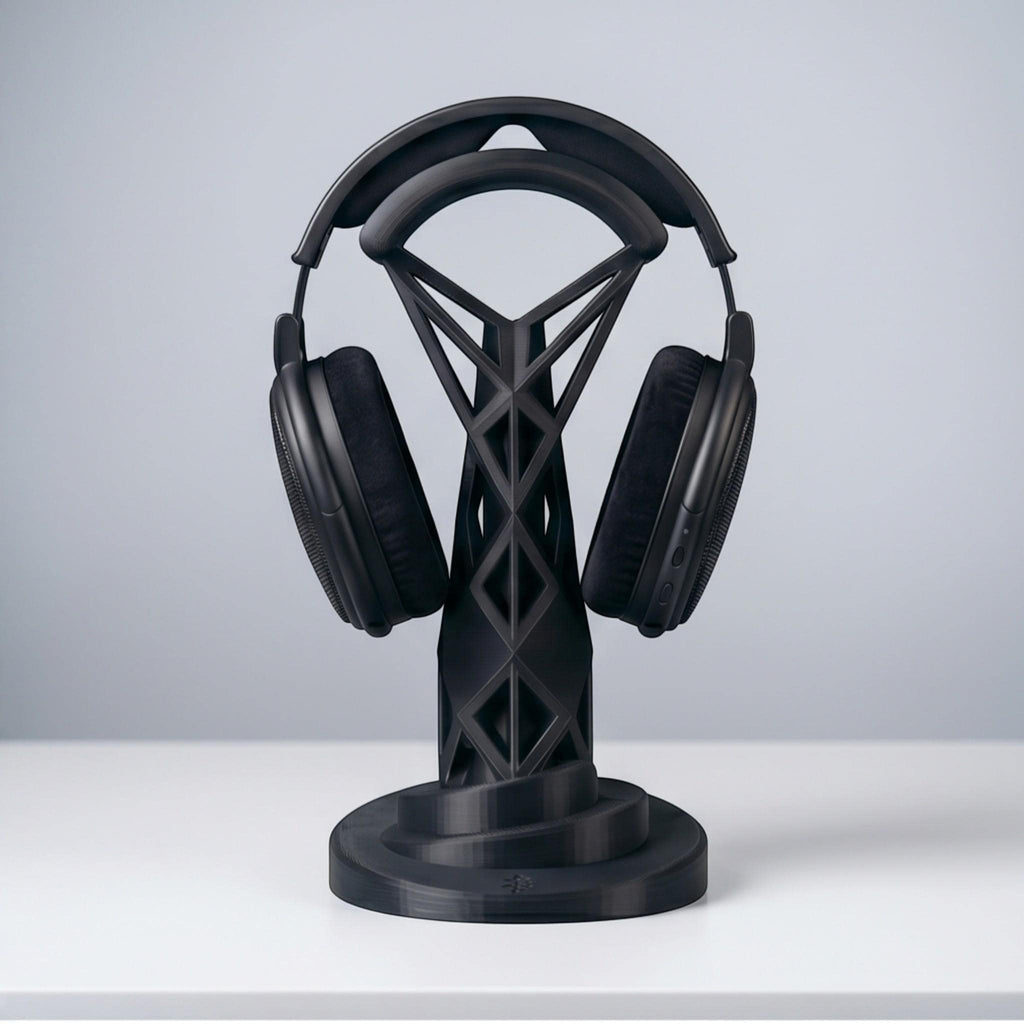 Geometric Headphone Stand – 3D Printed Black Gaming Desk Organizer