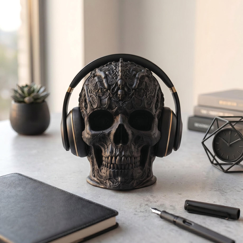 Gothic Skull Headphone Stand – Dark Academia Desk Decor