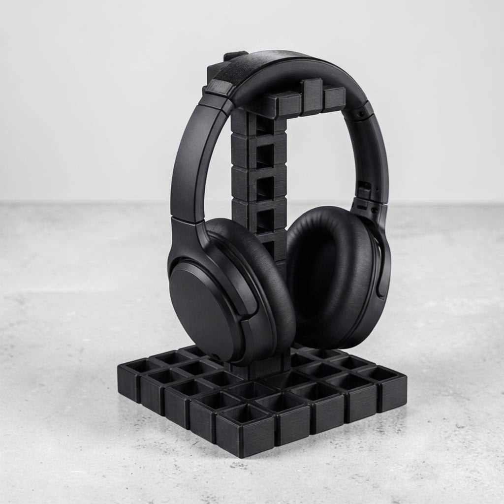 Industrial Grid Headphone Holder – 3D Printed Black Desk Organizer