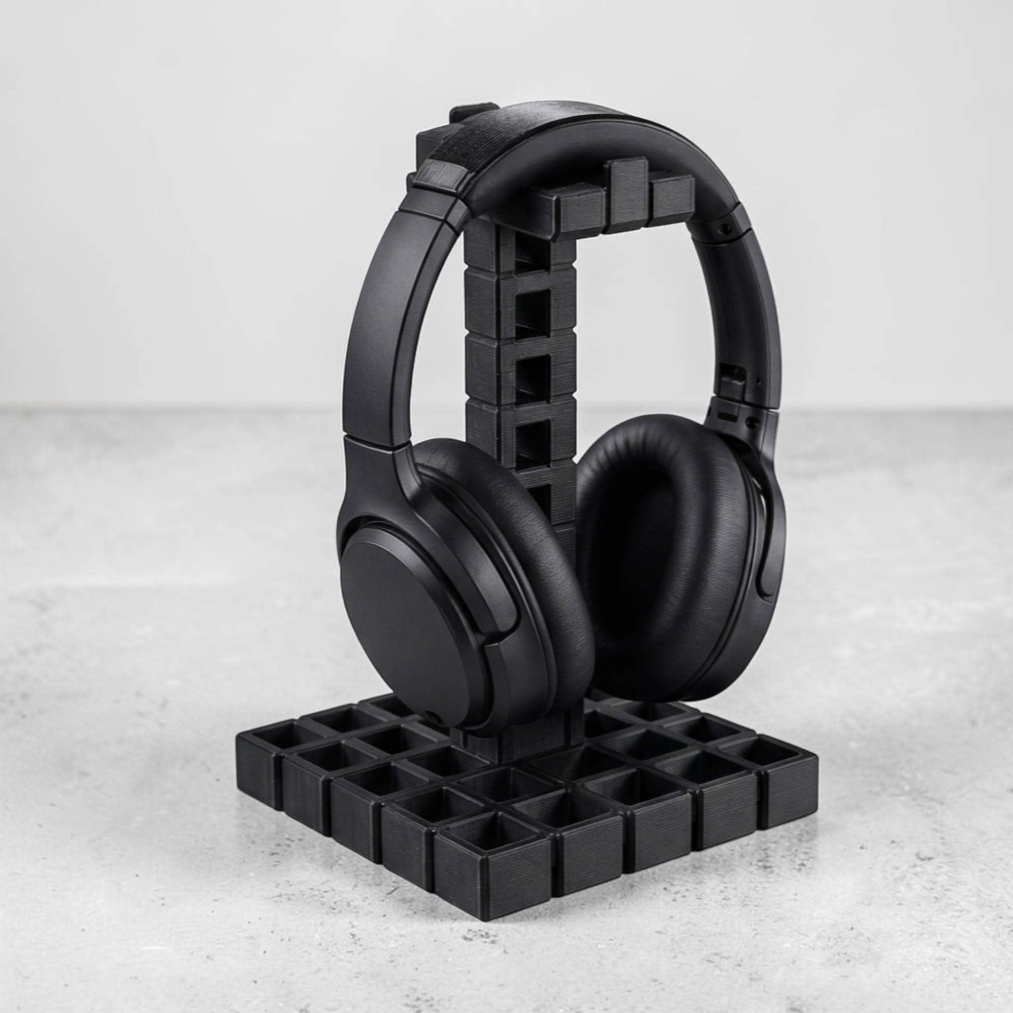 Industrial Grid Headphone Holder – 3D Printed Black Desk Organizer
