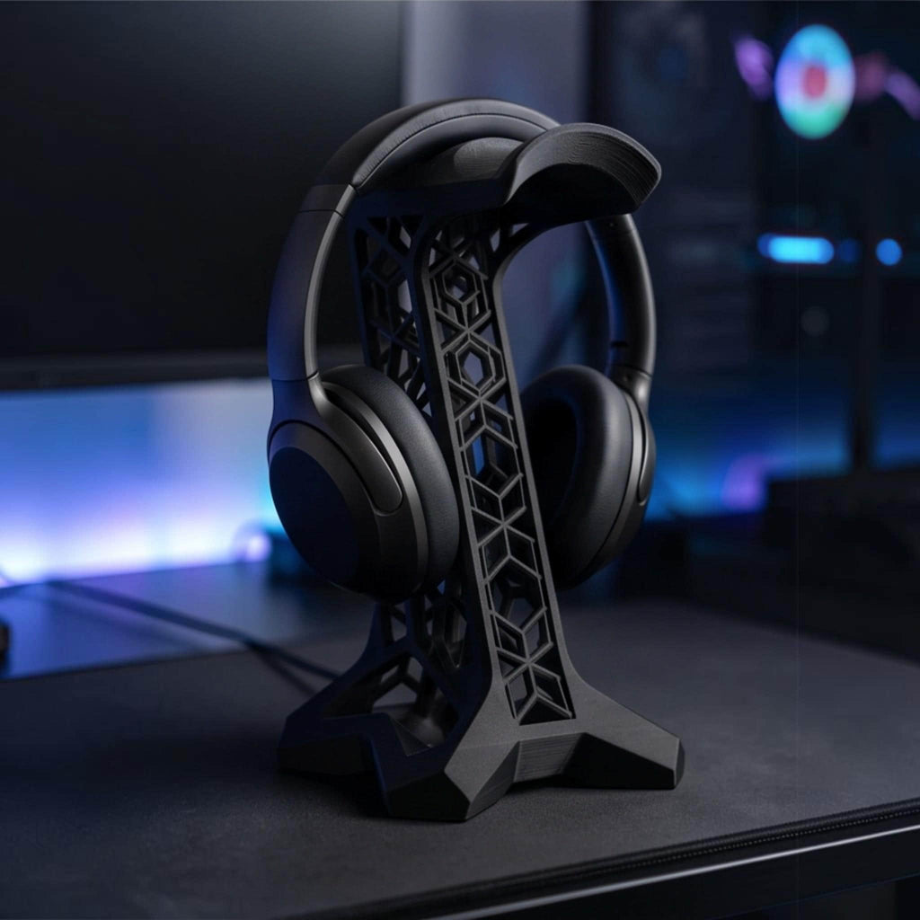 Geometric Lattice Headphone Stand – 3D Printed Black Studio Dock