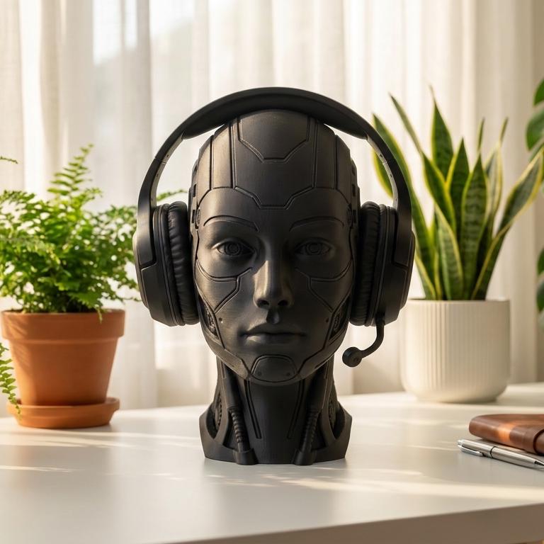 Futuristic Android Headset Holder – Cyberpunk 3D Printed Desk Decor