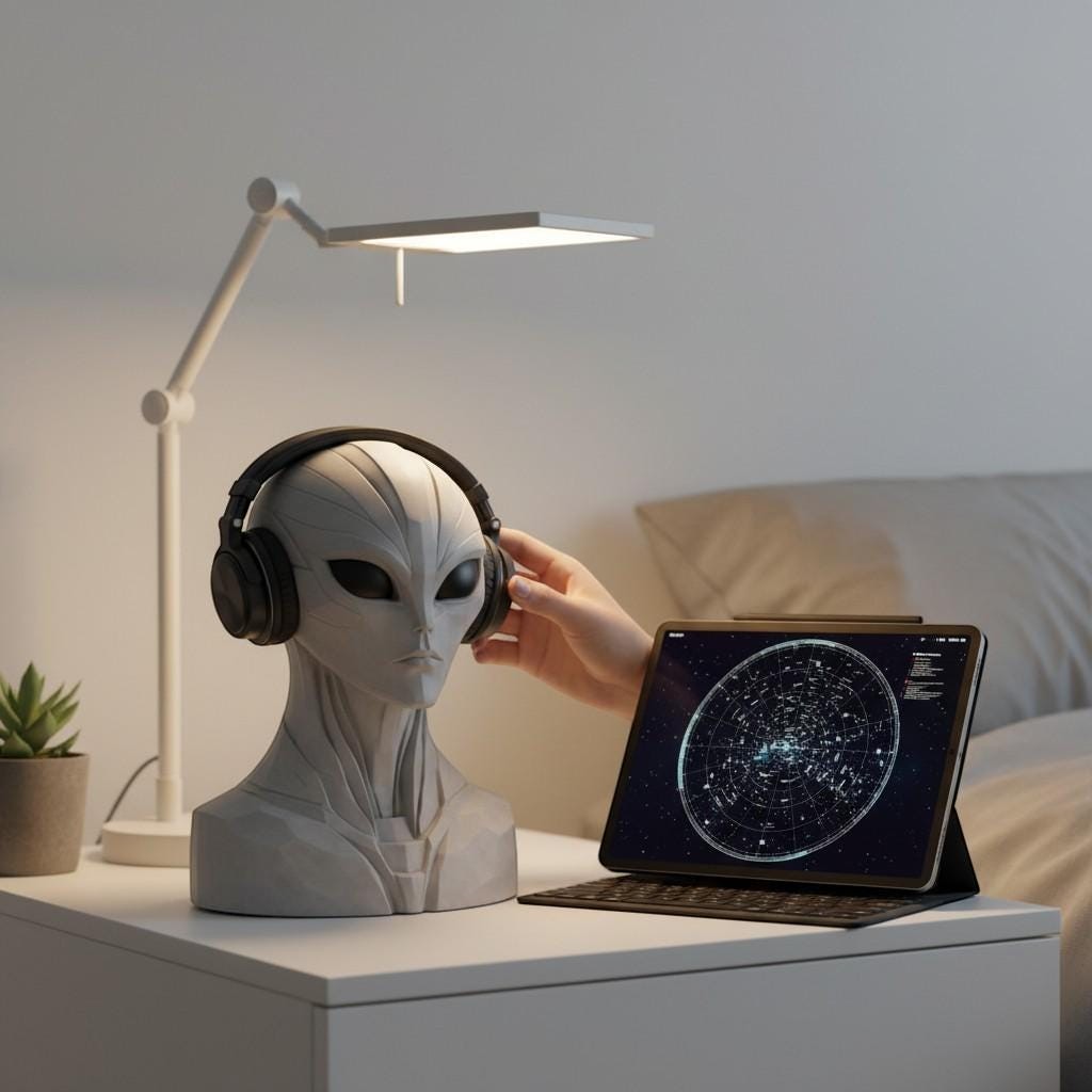 Happy3dWorld alien bust headphone stand holding black over-ear headphones on a white desk with a tablet and lamp