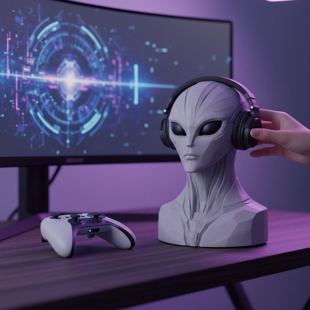 Happy3dWorld alien bust headphone stand in grey on a gaming desk with a controller and monitor in the background