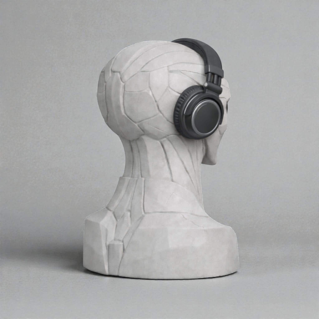 Happy3dWorld alien bust headphone stand in grey, displaying a black headset on a minimalist studio background.