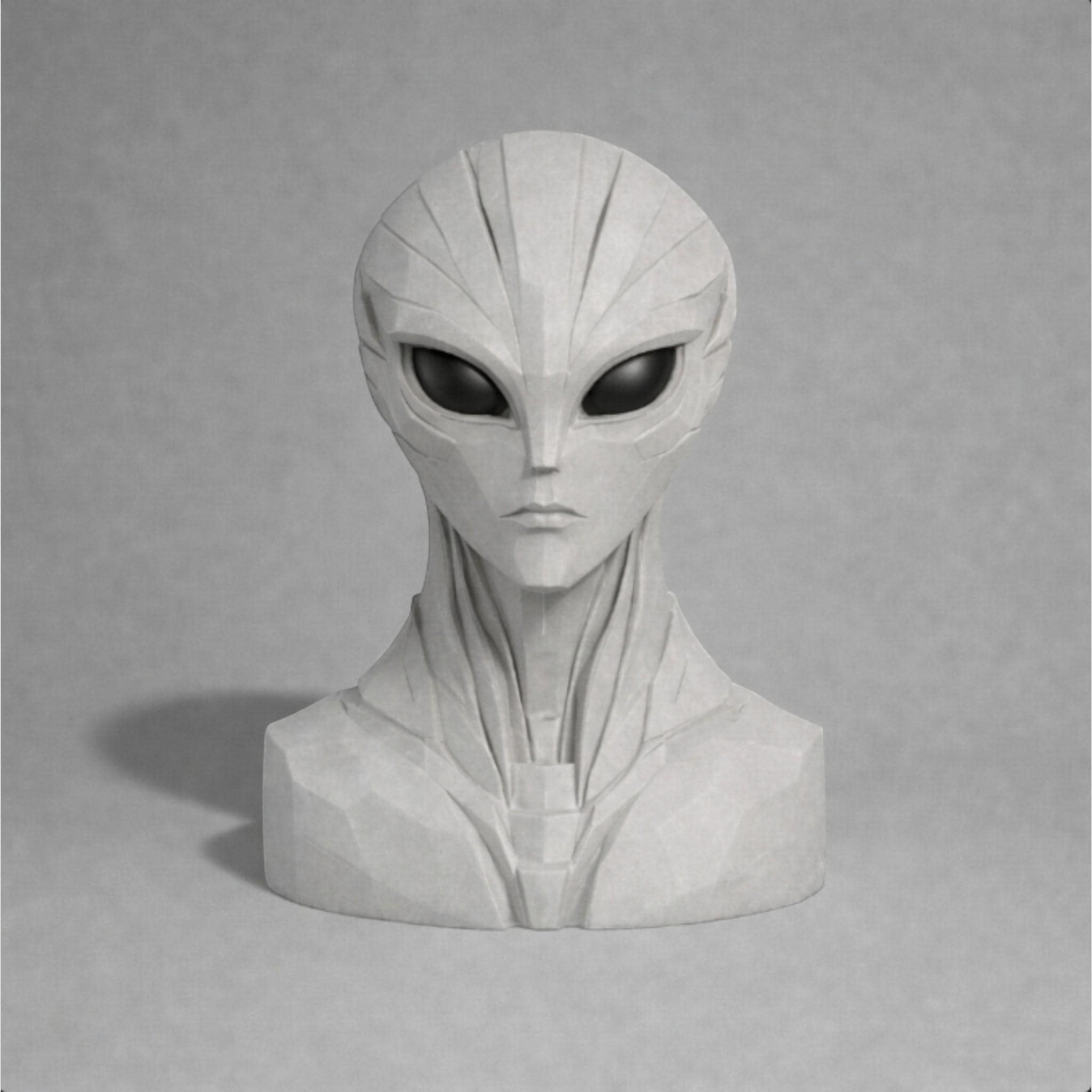 Happy3dWorld alien bust headphone stand with a sleek grey futuristic design for gamer desk organization.