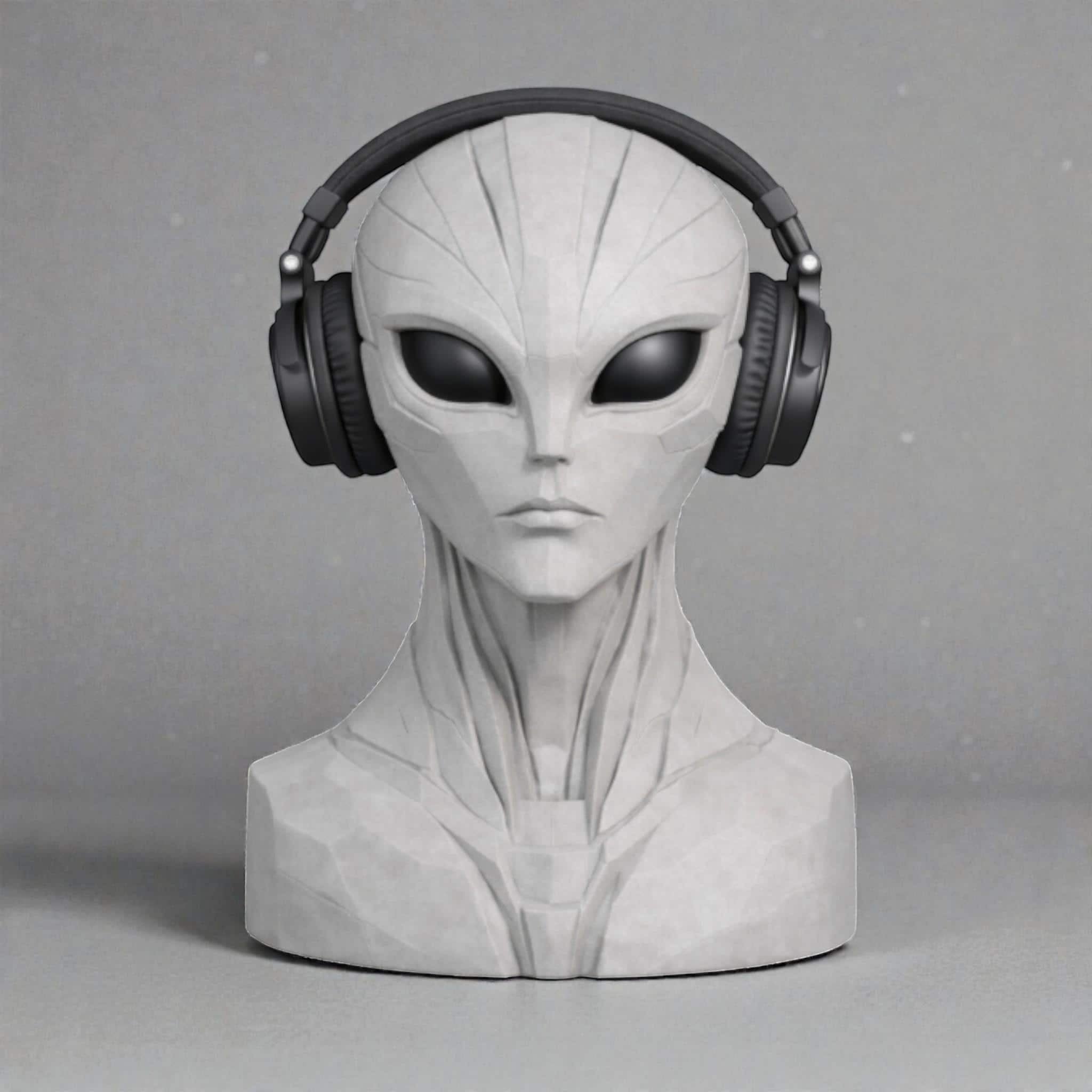 Happy3dWorld alien bust headphone stand in matte grey, holding black over-ear headphones on a neutral background.