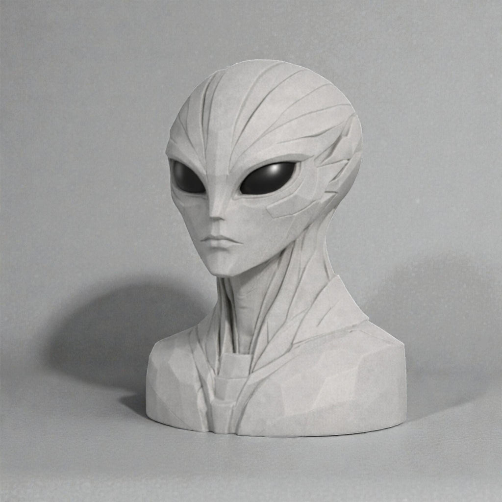 Happy3dWorld alien bust headphone stand with a matte grey finish and smooth, futuristic sci-fi design.