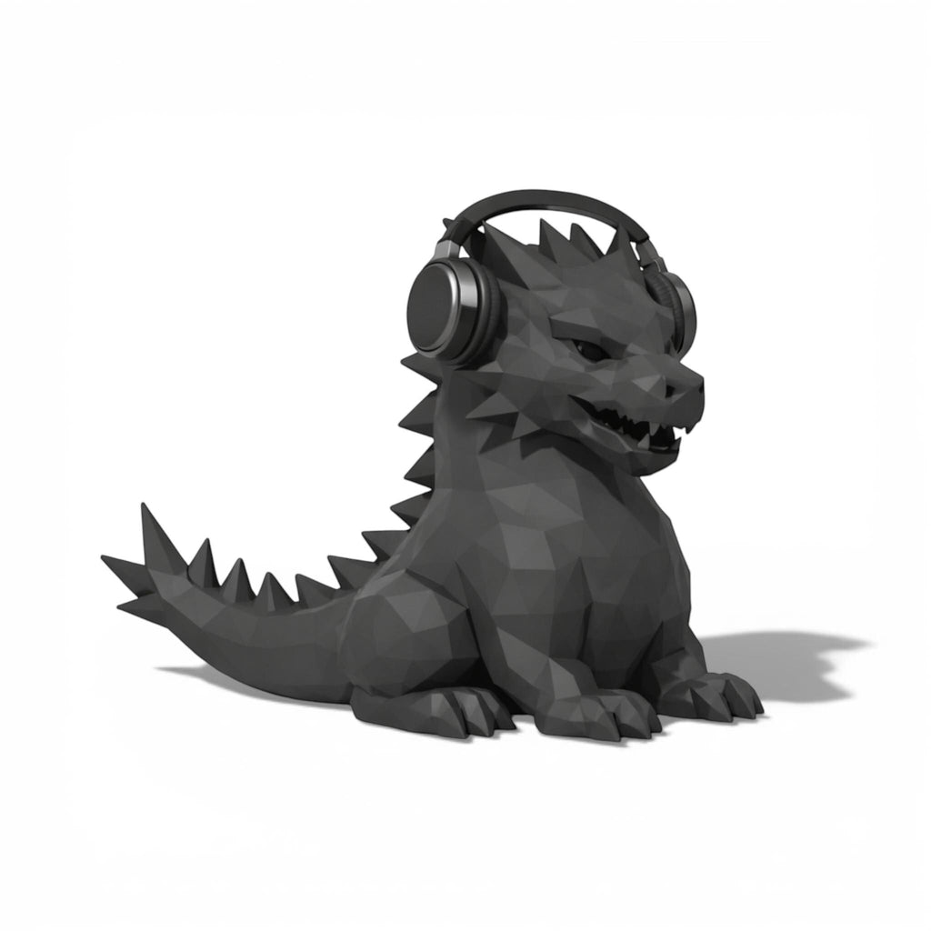 Happy3dWorld matte black geometric dragon headphone stand with low-poly design holding gaming headset on a desk