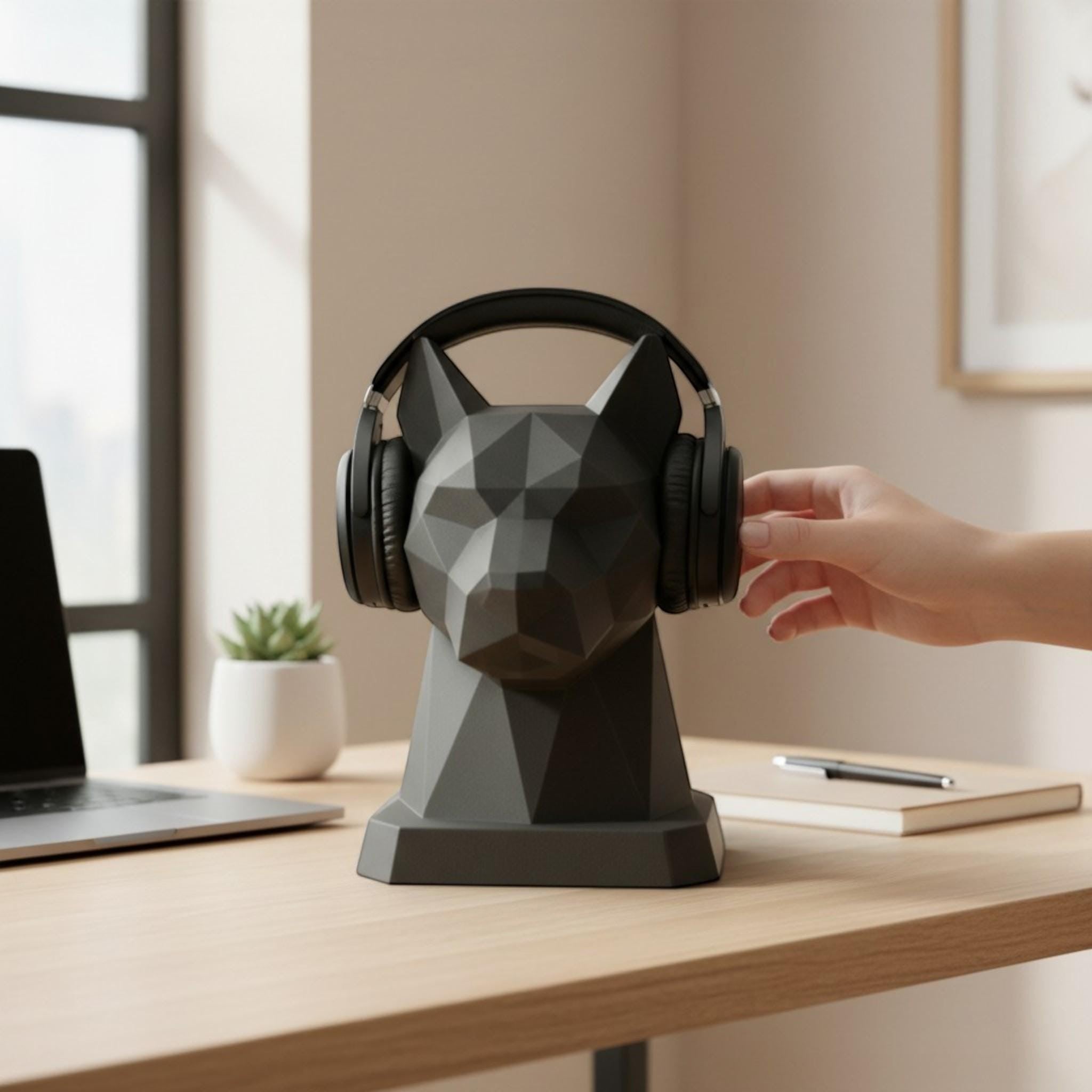 Geometric Dog Headphone Stand – 3D Printed Low-Poly Gaming Desk Holder