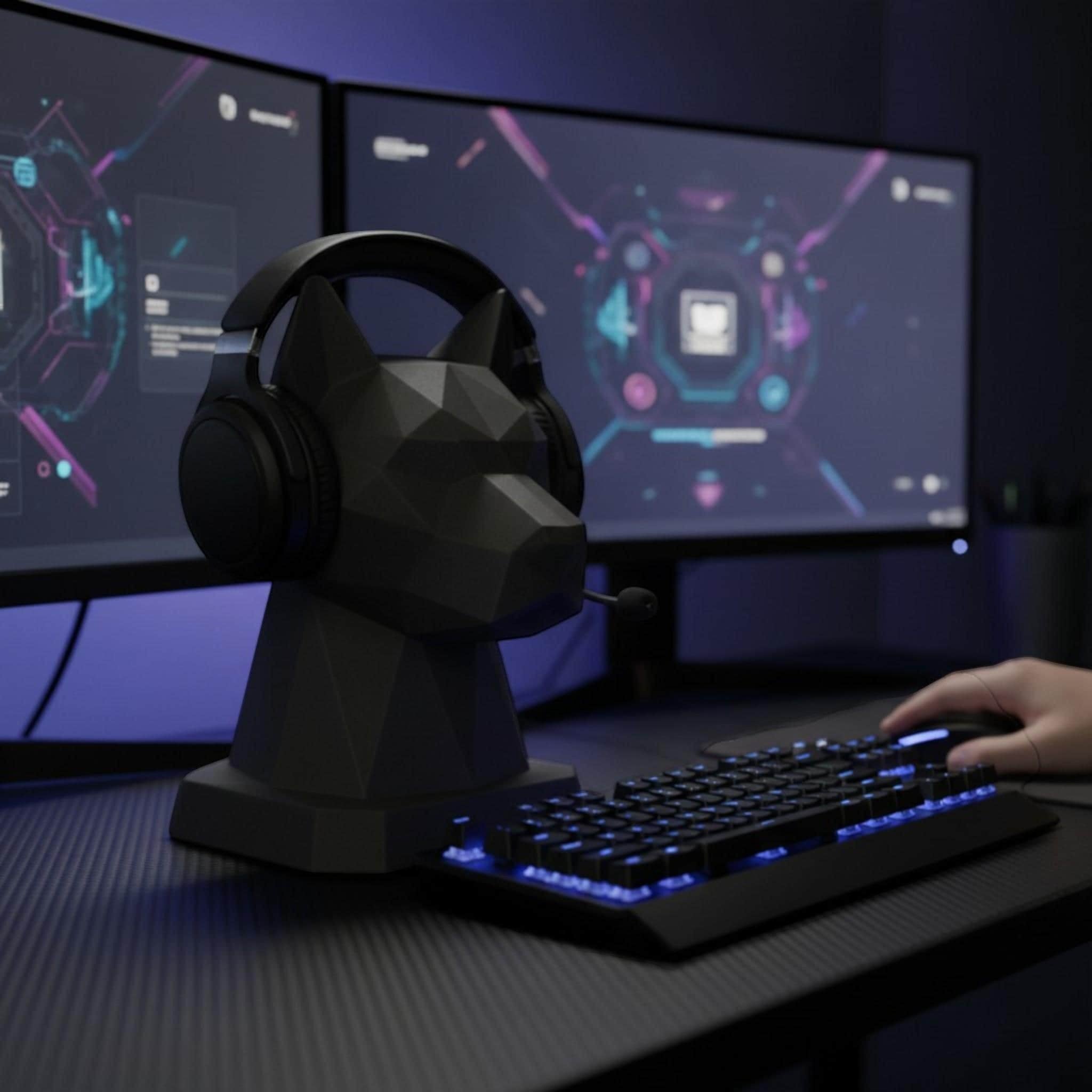 Geometric Dog Headphone Stand – 3D Printed Low-Poly Gaming Desk Holder