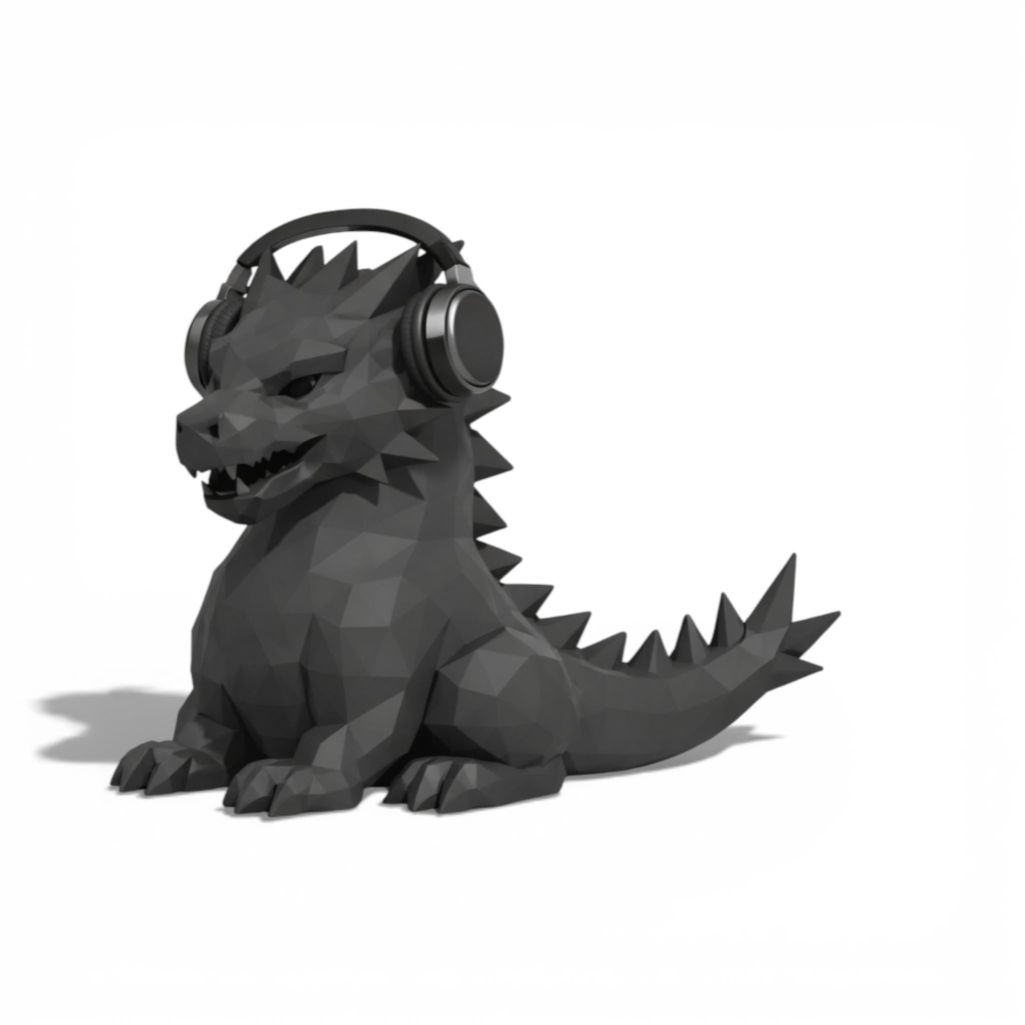 Happy3dWorld black low-poly geometric dragon headphone stand made of 3D printed PLA for gaming desk setups
