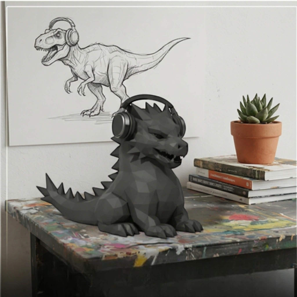 Happy3dWorld black geometric dragon headphone stand on a desk with a succulent and dinosaur sketch in the background