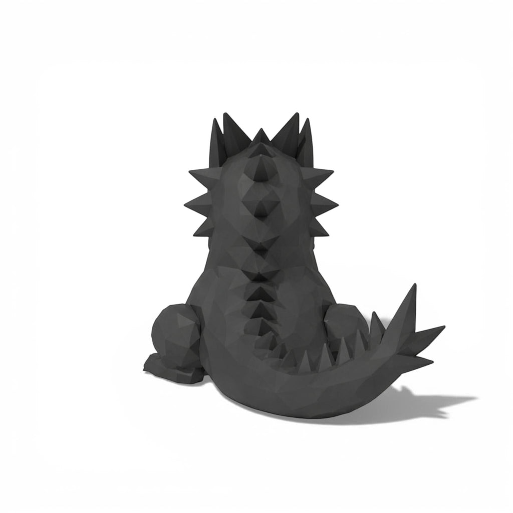 Happy3dWorld matte black geometric dragon headphone stand with a low-poly 3D printed design viewed from the back