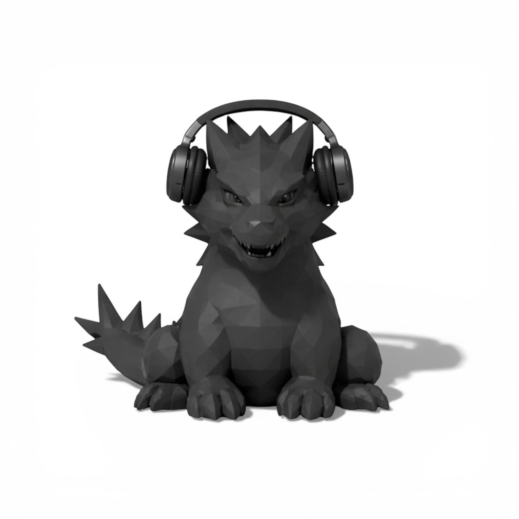 Happy3dWorld black geometric dragon headphone stand with a low-poly design, perfect for gaming desk organization.