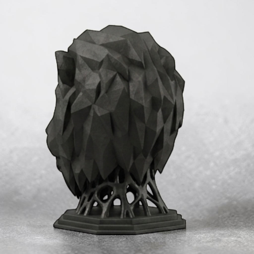 Happy3dWorld matte black geometric lion head headphone stand with a polygon design on a sturdy base.