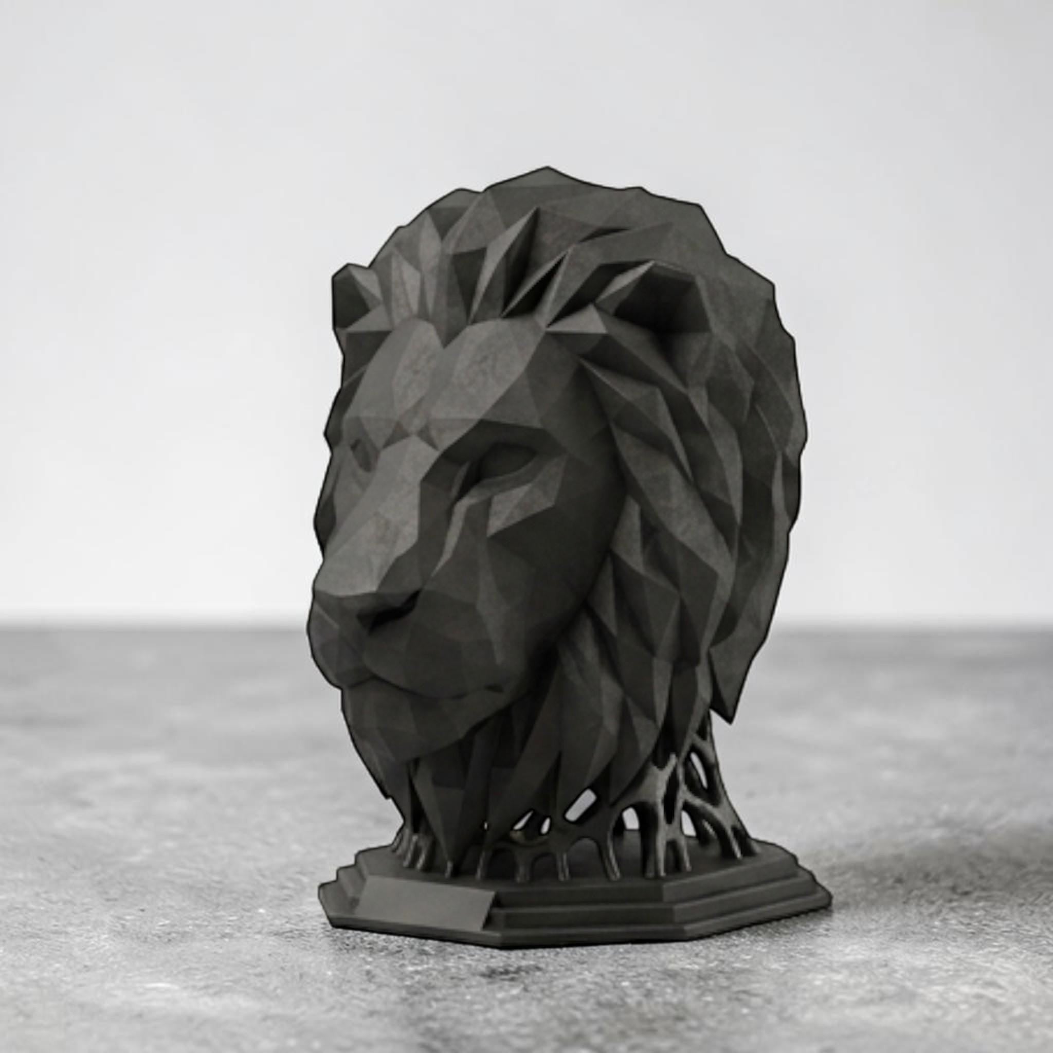 Happy3dWorld matte black geometric lion head headphone stand with a modern polygon design for desk organization.