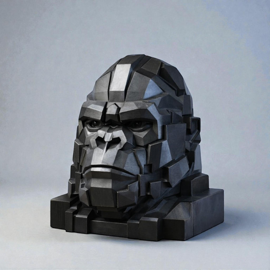 Happy3dWorld black geometric gorilla headphone stand with a faceted design for gaming desk decor.