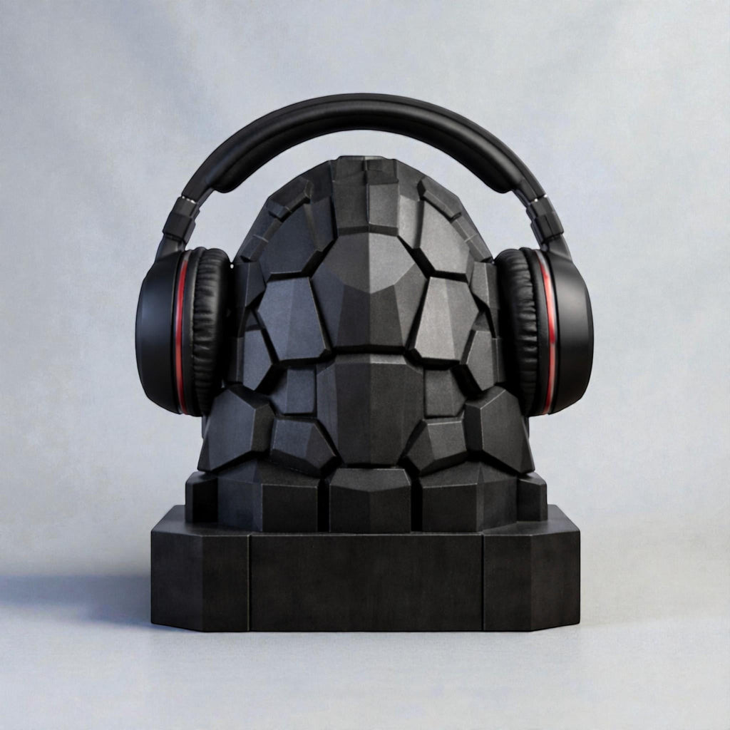 Happy3dWorld black geometric gorilla bust headphone stand holding over-ear headphones on a desk