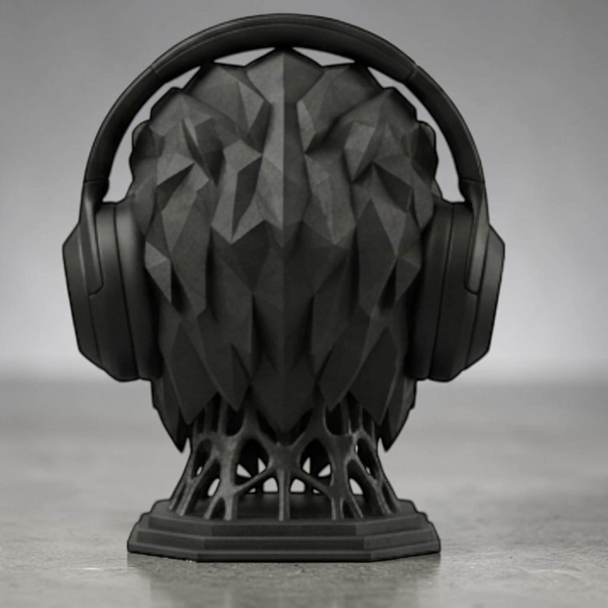 Happy3dWorld matte black geometric lion head headphone stand with a modern polygon design on a desk