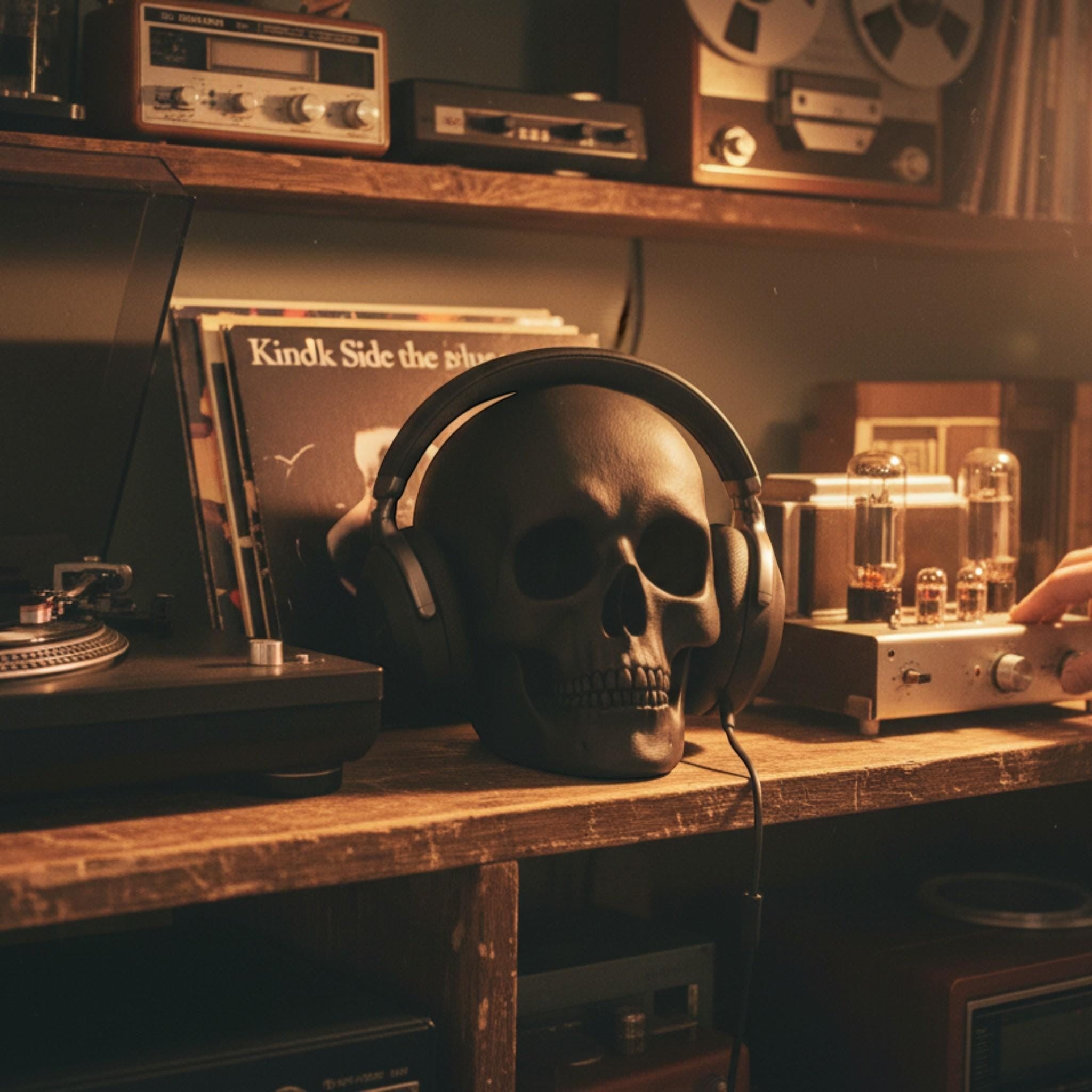 Happy3dWorld black low-polygon skull headphone stand displayed on a wooden desk with vintage audio equipment.