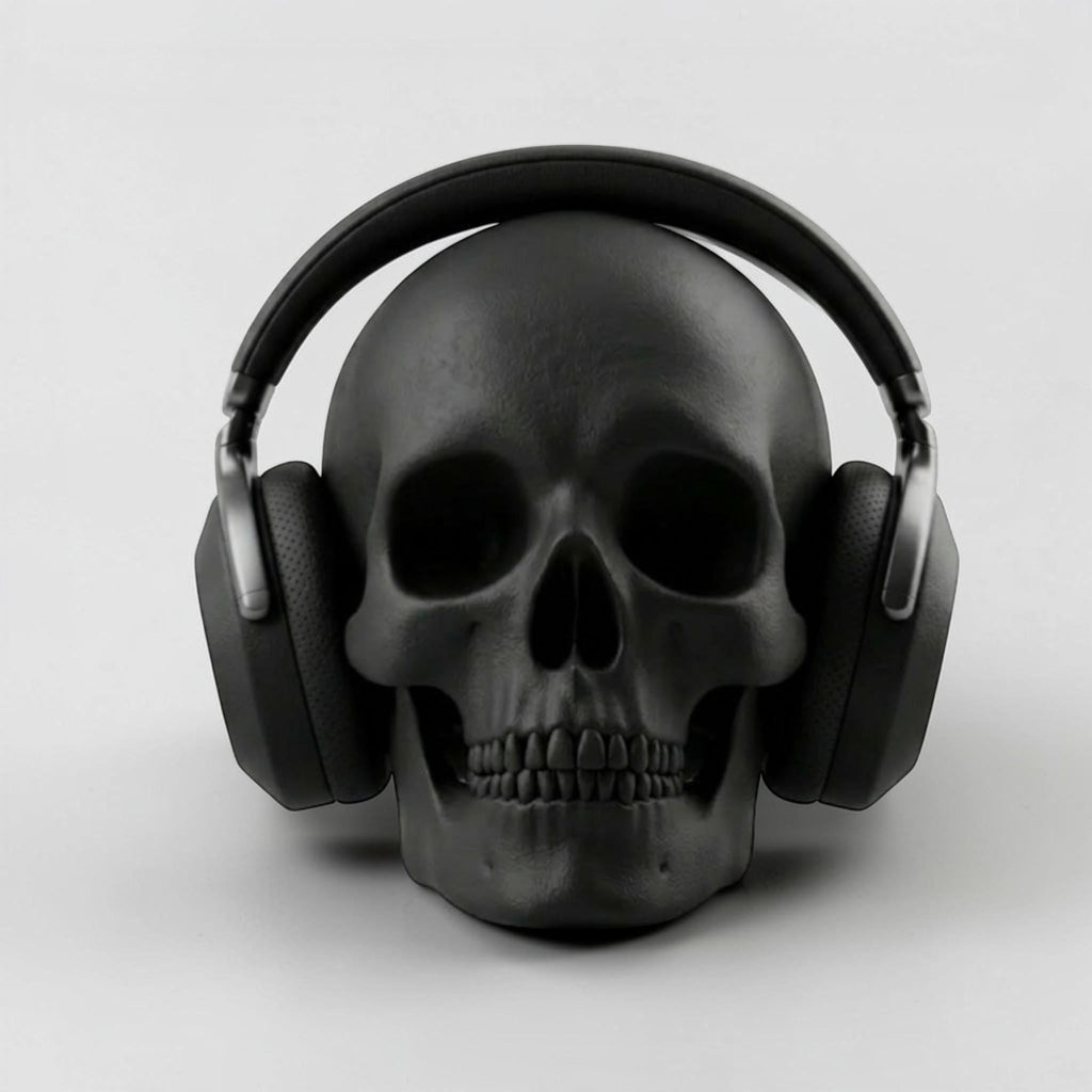 Happy3dWorld black low-polygon skull headphone stand holding black over-ear gaming headphones on a white background.