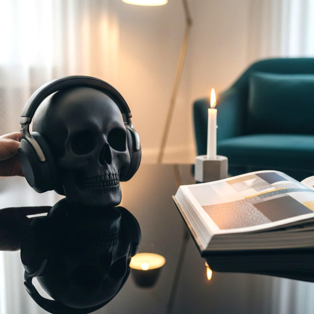 Happy3dWorld black low-polygon skull headphone stand holding gaming headset on a dark desk with a candle and book