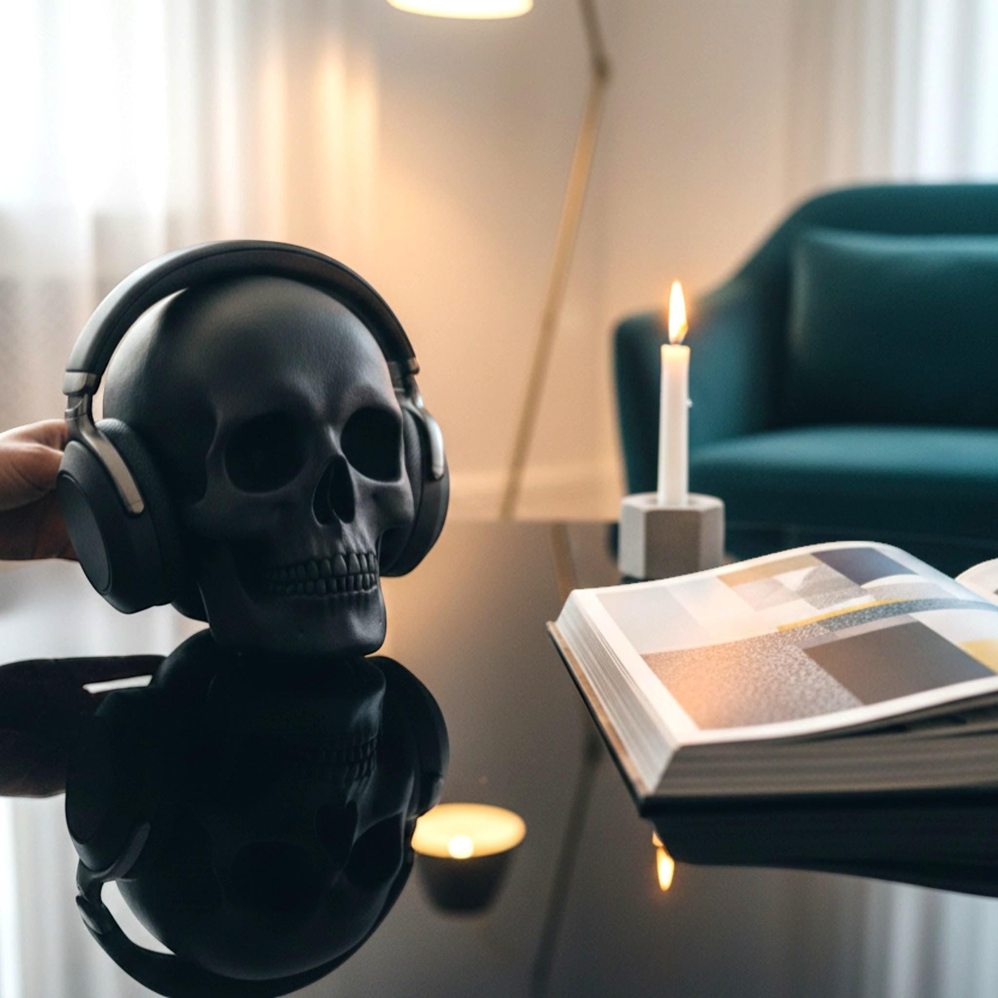 Happy3dWorld black low-polygon skull headphone stand holding gaming headset on a dark desk with a candle and book