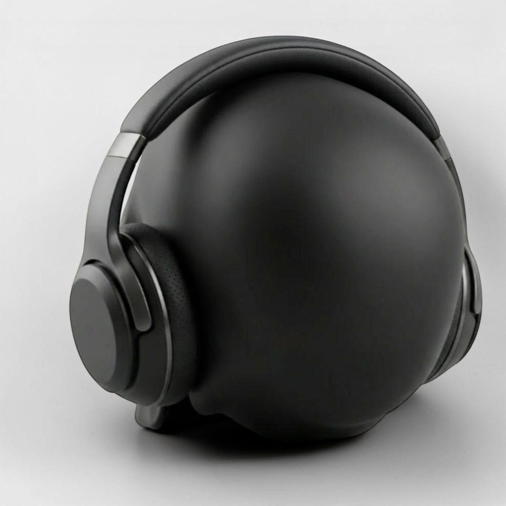 Happy3dWorld matte black 3D-printed skull headphone stand holding black over-ear gaming headphones on a desk