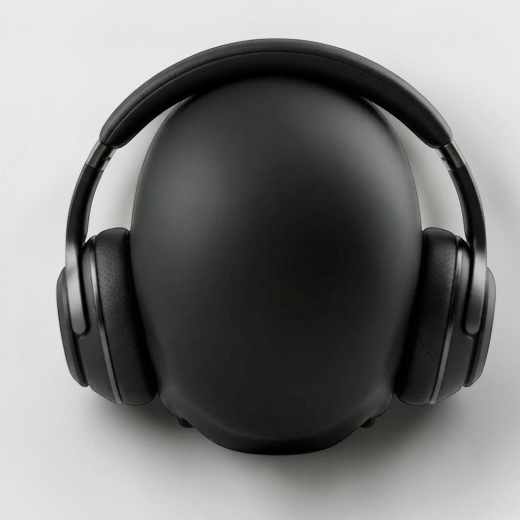 Happy3dWorld black low-polygon skull headphone stand holding black over-ear gaming headset from a top-down view.