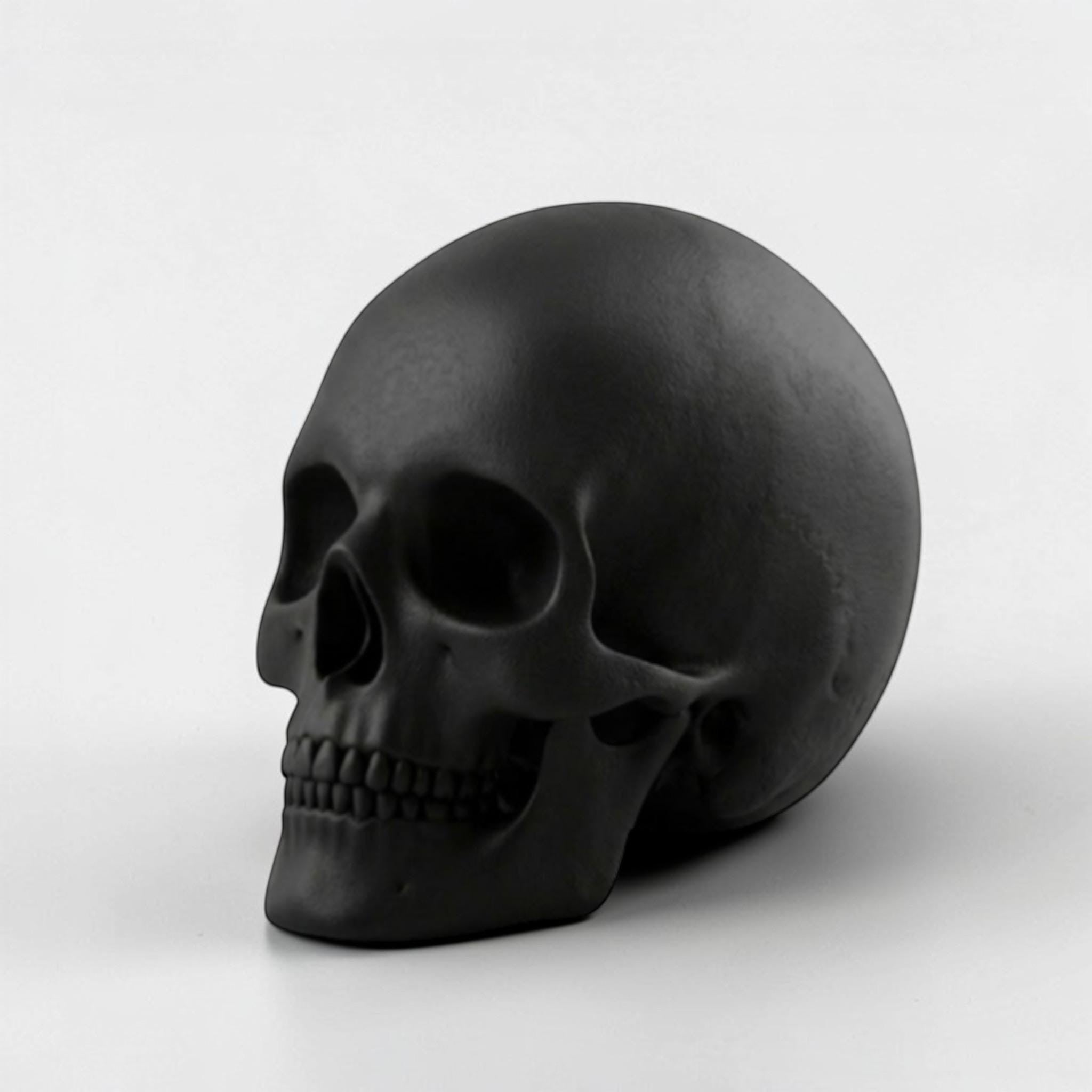 Happy3dWorld matte black 3D-printed skull headphone stand with a realistic low-polygon gothic design for desk decor.