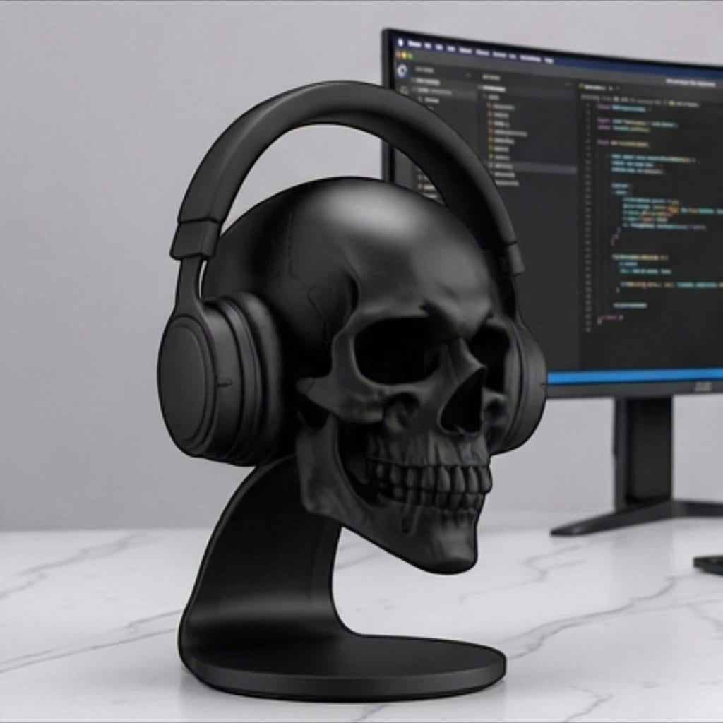 Skull Headset Stand – Anatomical Gaming Desktop Organizer & Gothic Room Decor
