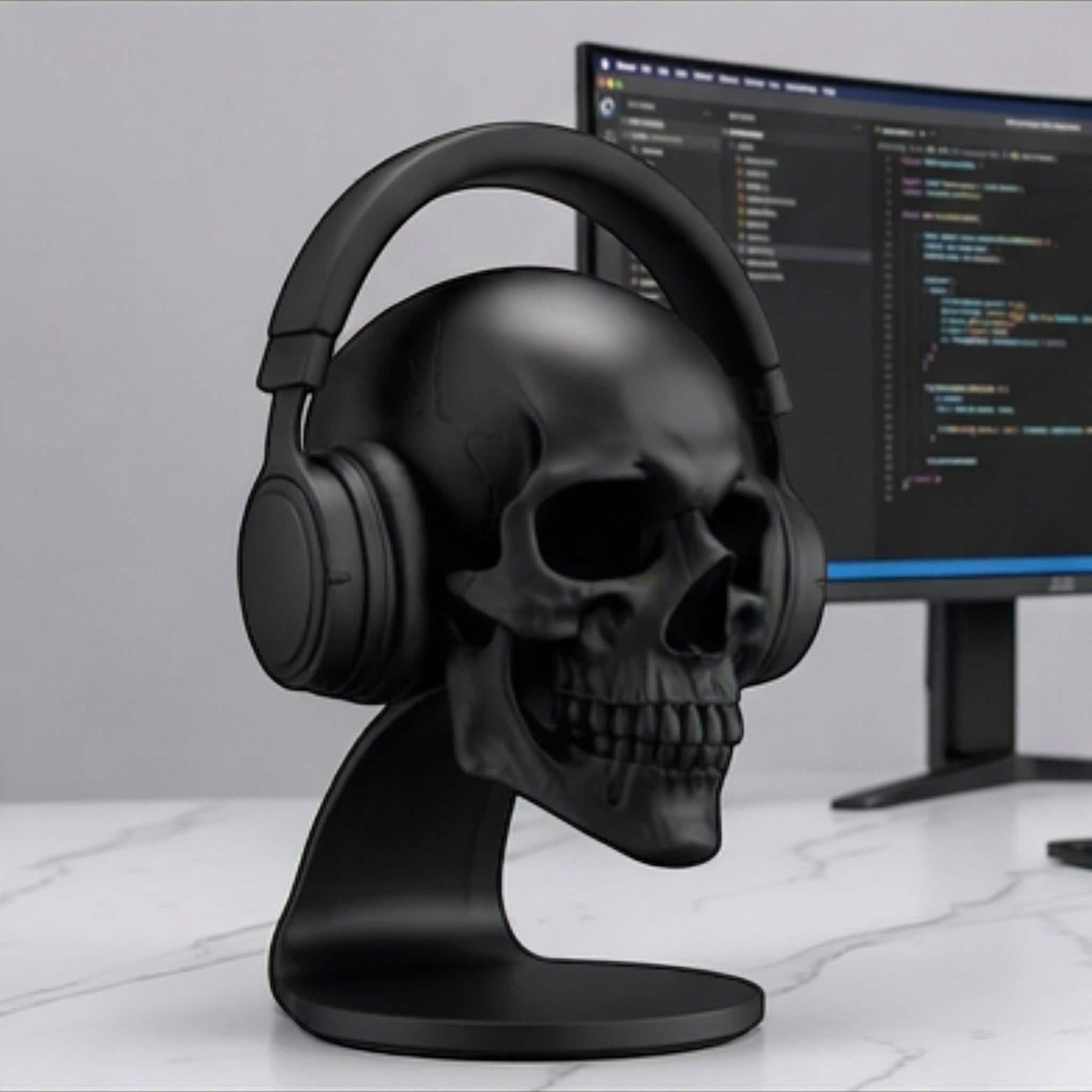 Skull Headset Stand – Anatomical Gaming Desktop Organizer & Gothic Room Decor