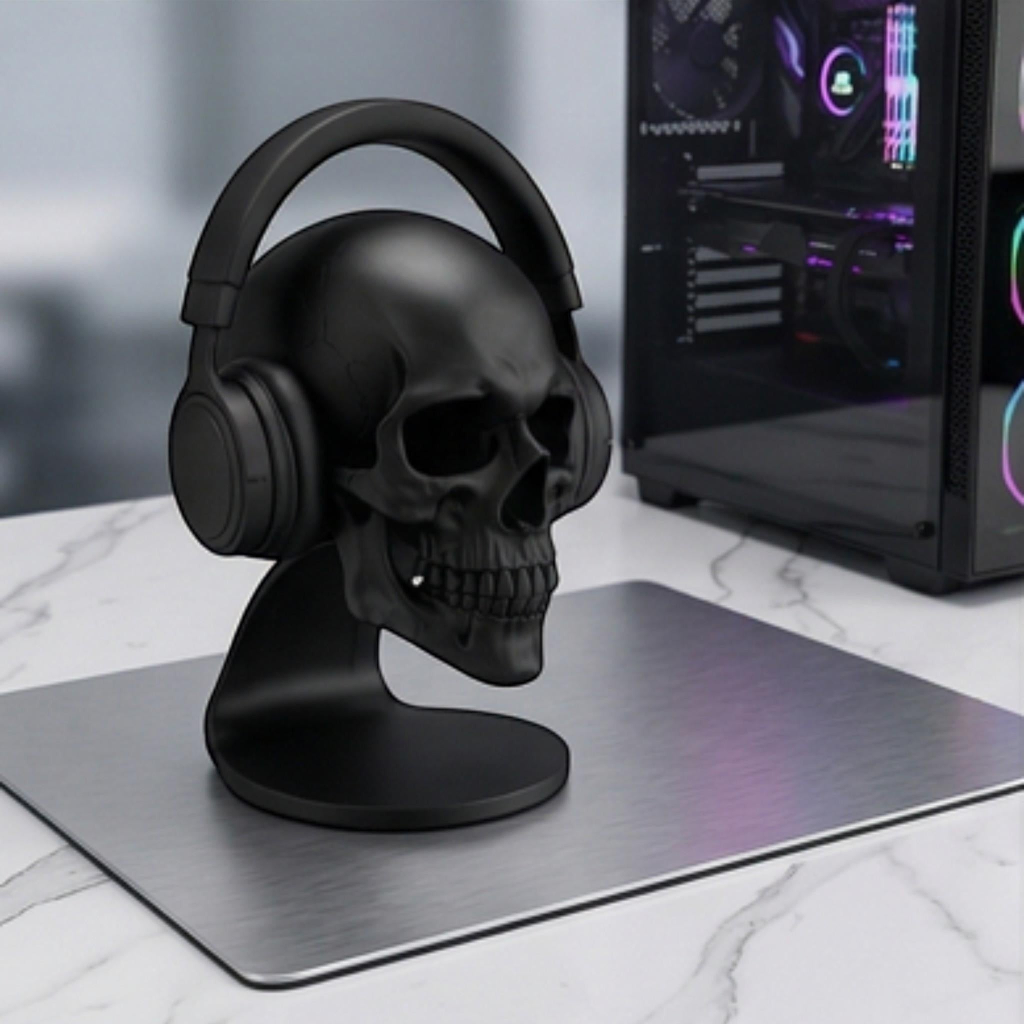 Skull Headset Stand – Anatomical Gaming Desktop Organizer & Gothic Room Decor