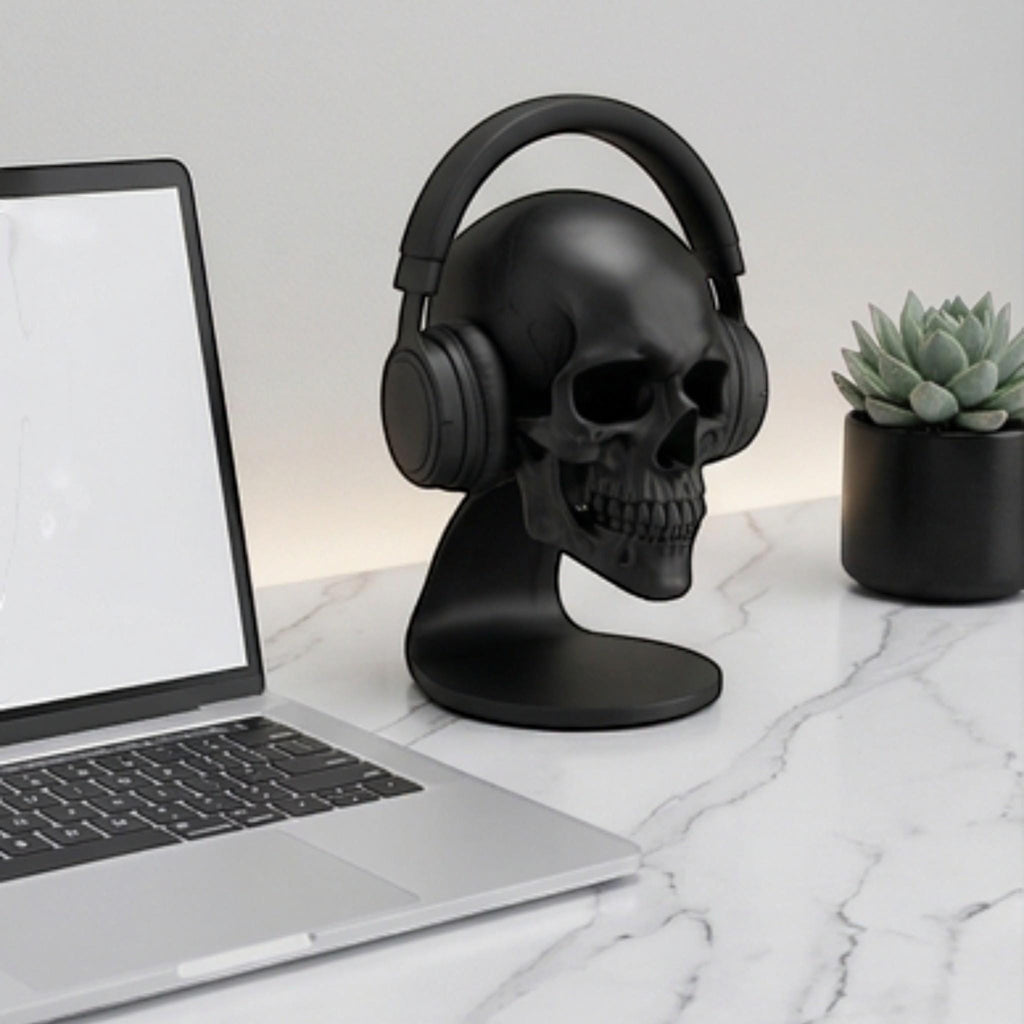 Skull Headset Stand – Anatomical Gaming Desktop Organizer & Gothic Room Decor