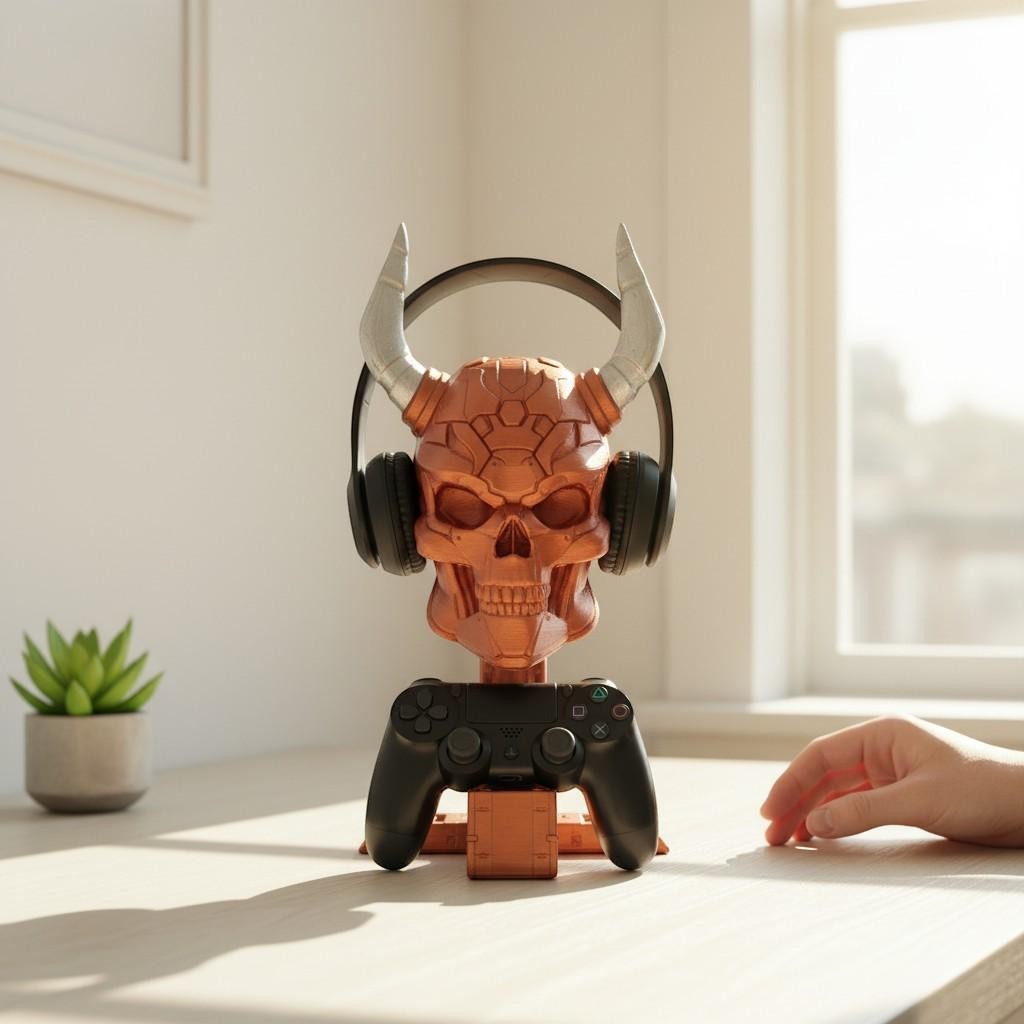 Cyber Skull Headset & Controller Stand – 3D Printed Cyberpunk Desk Decor