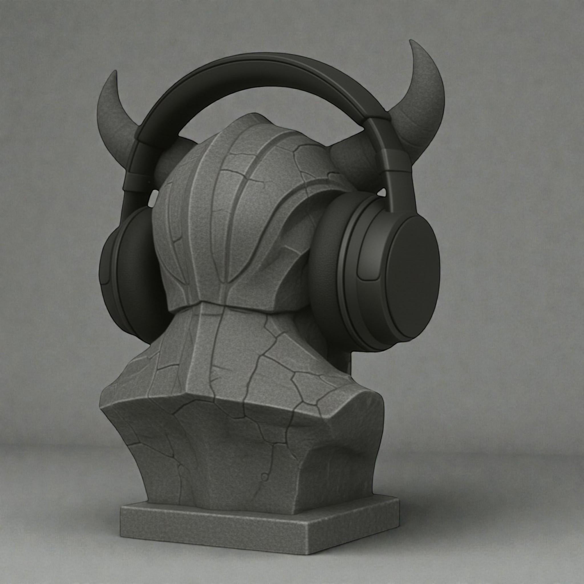 Happy3dWorld matte gray 3D printed cyberpunk demon bust headphone stand holding black over-ear gaming headset