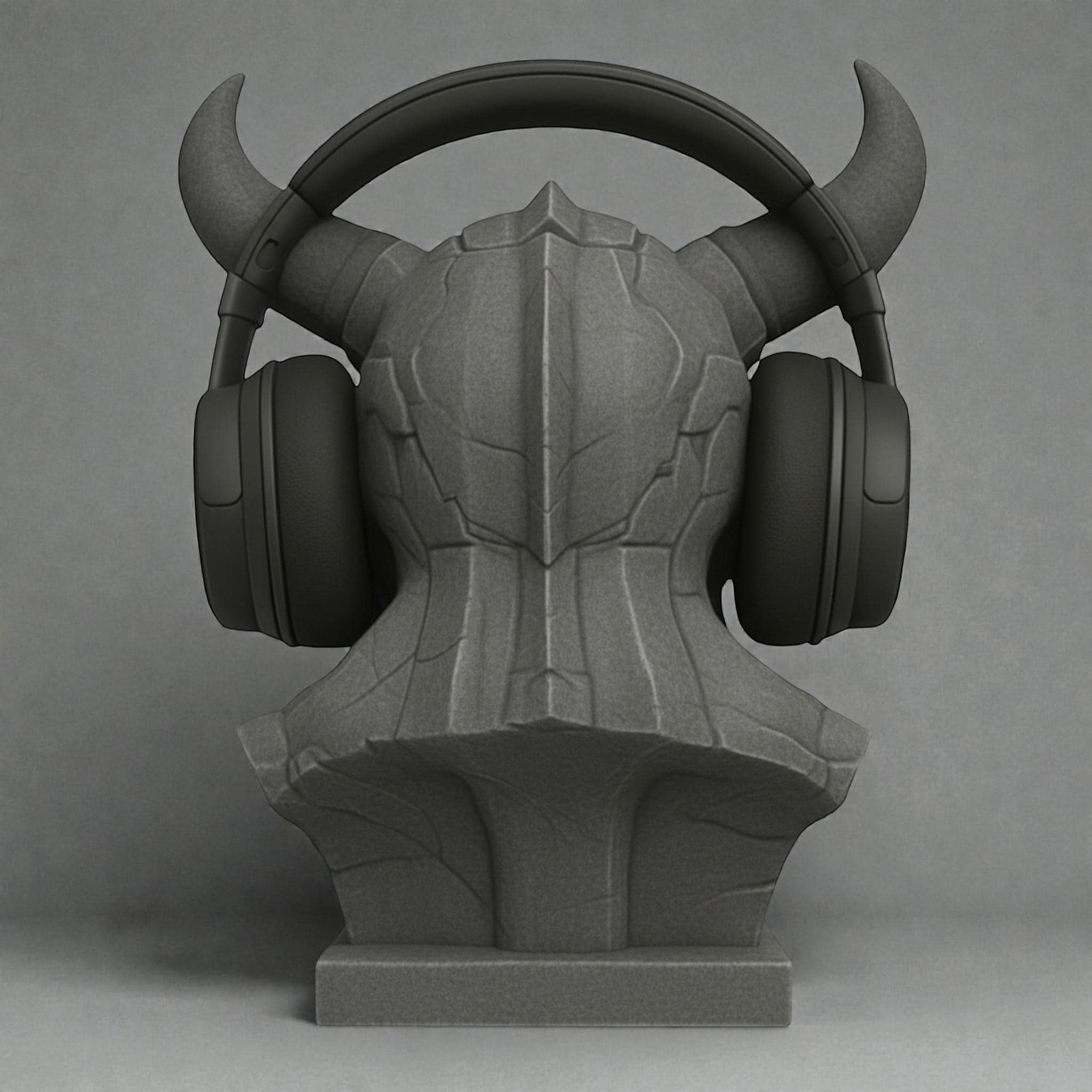 Happy3dWorld matte black 3D printed cyberpunk demon bust headphone stand holding over-ear gaming headset