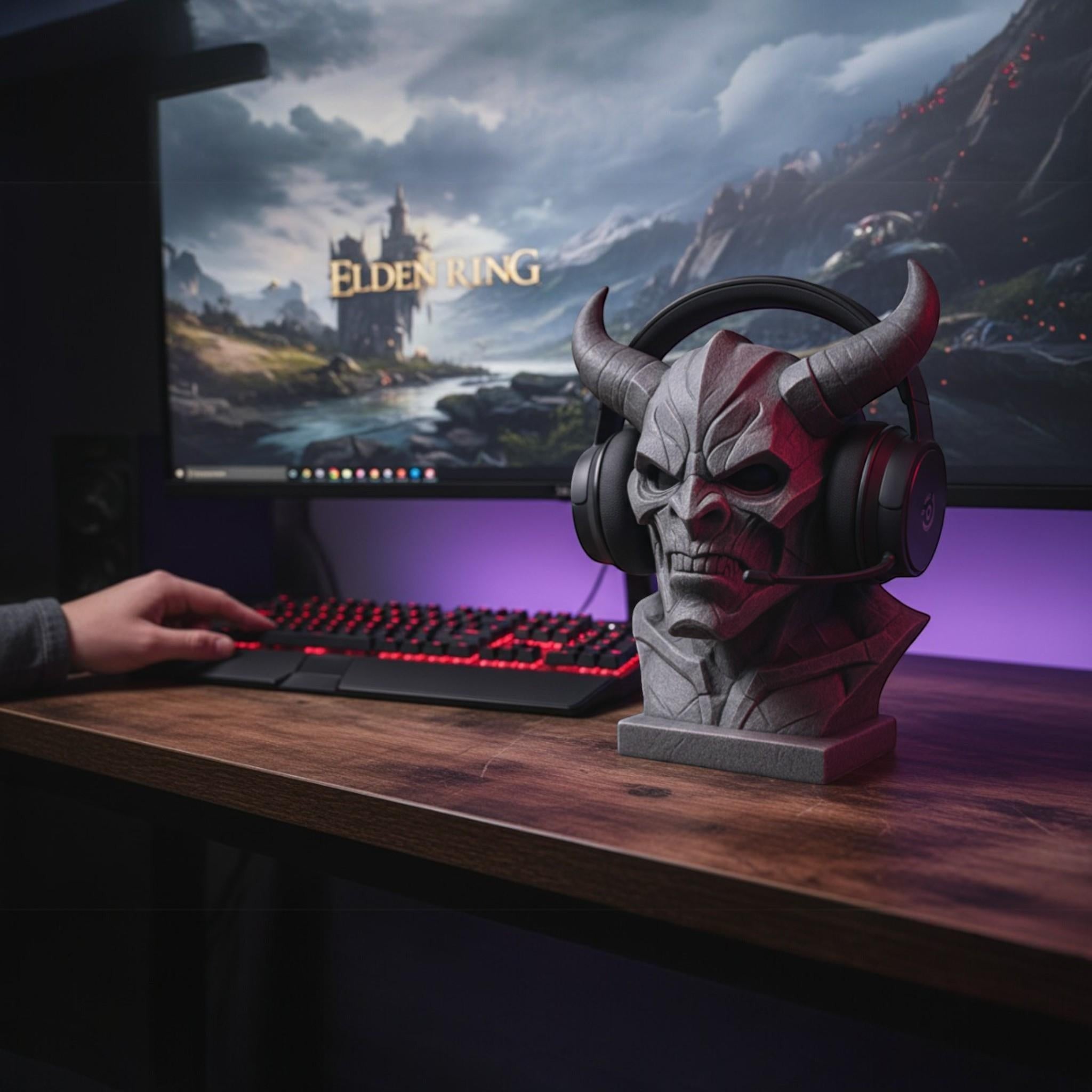 Happy3dWorld gray 3D printed cyberpunk demon bust headphone stand holding black gaming headset on a wooden desk