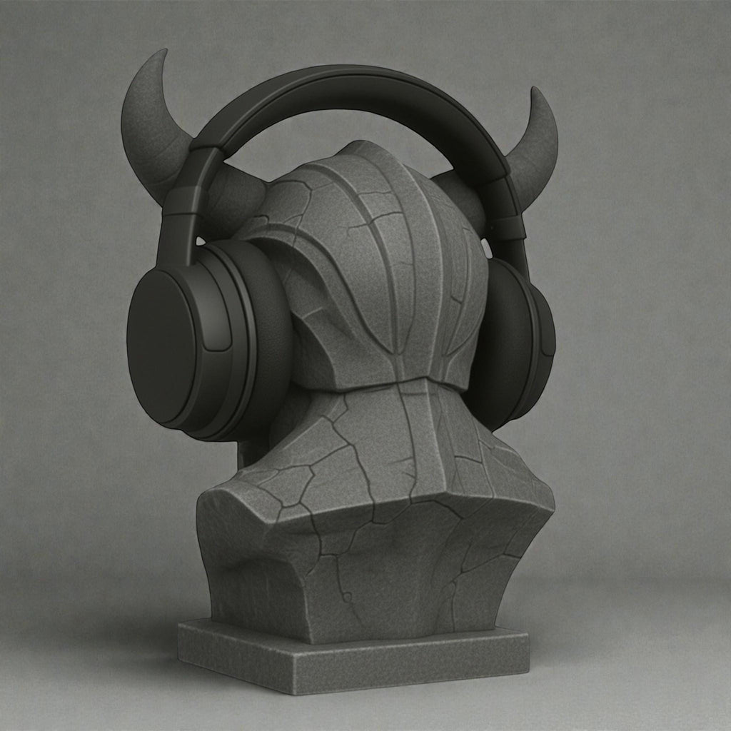 Happy3dWorld matte gray 3D printed cyber demon bust headphone stand holding black over-ear gaming headset