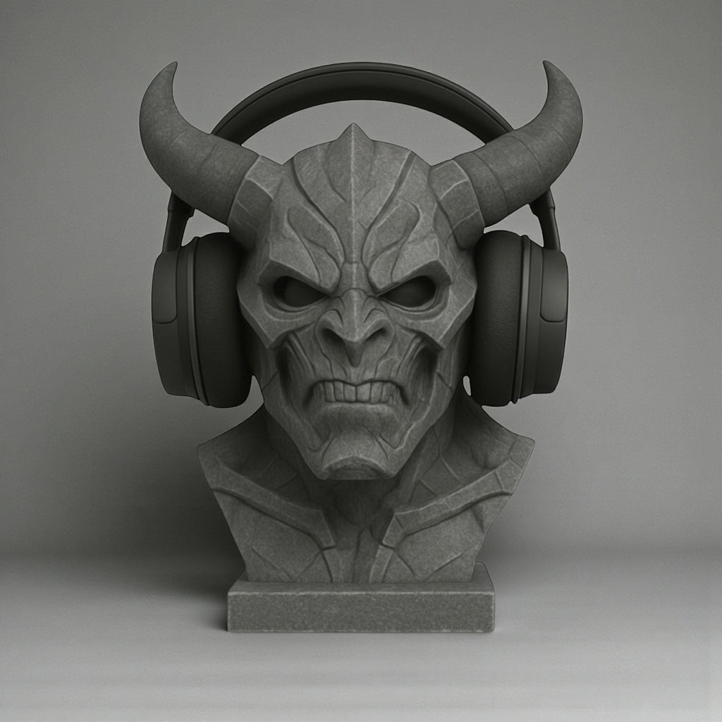 Happy3dWorld matte gray 3D printed cyber demon bust headphone stand holding black over-ear gaming headset