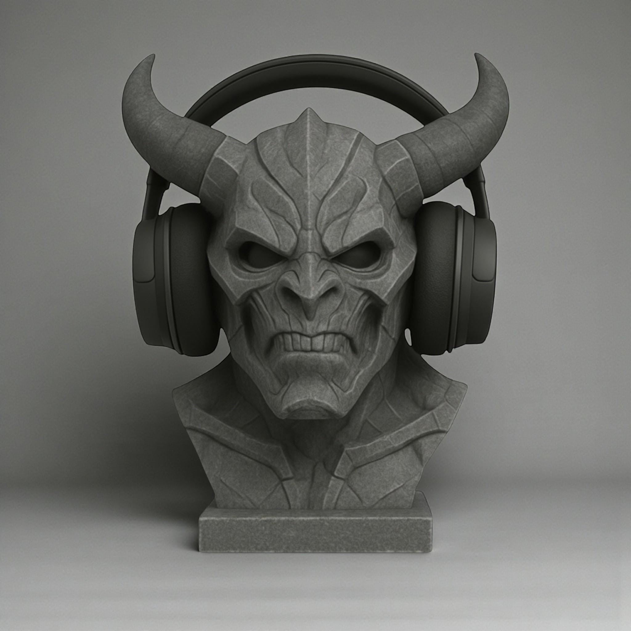 Happy3dWorld matte gray 3D printed cyber demon bust headphone stand holding black over-ear gaming headset