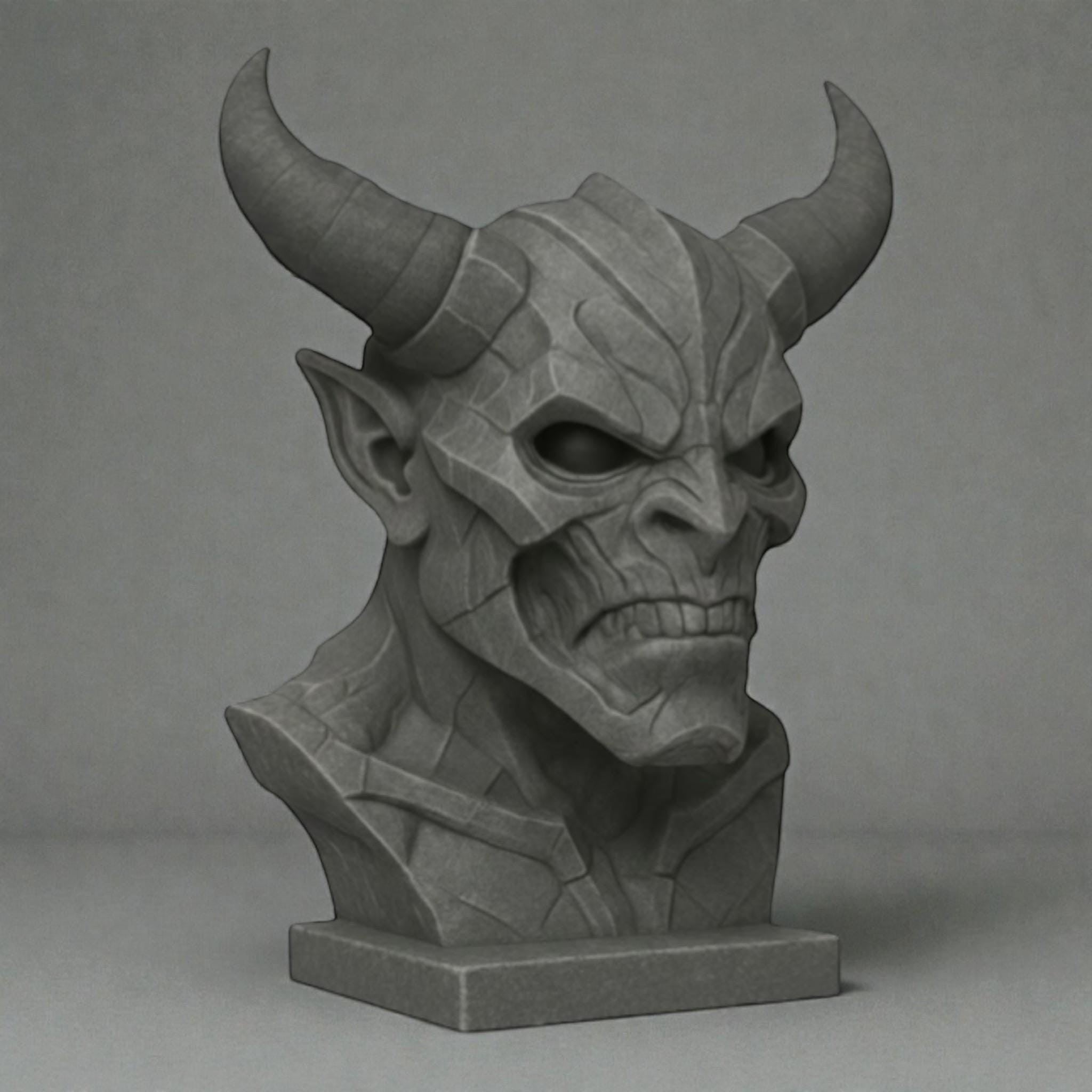 Happy3dWorld matte gray 3D printed cyberpunk demon bust headphone stand with detailed horn and facial features