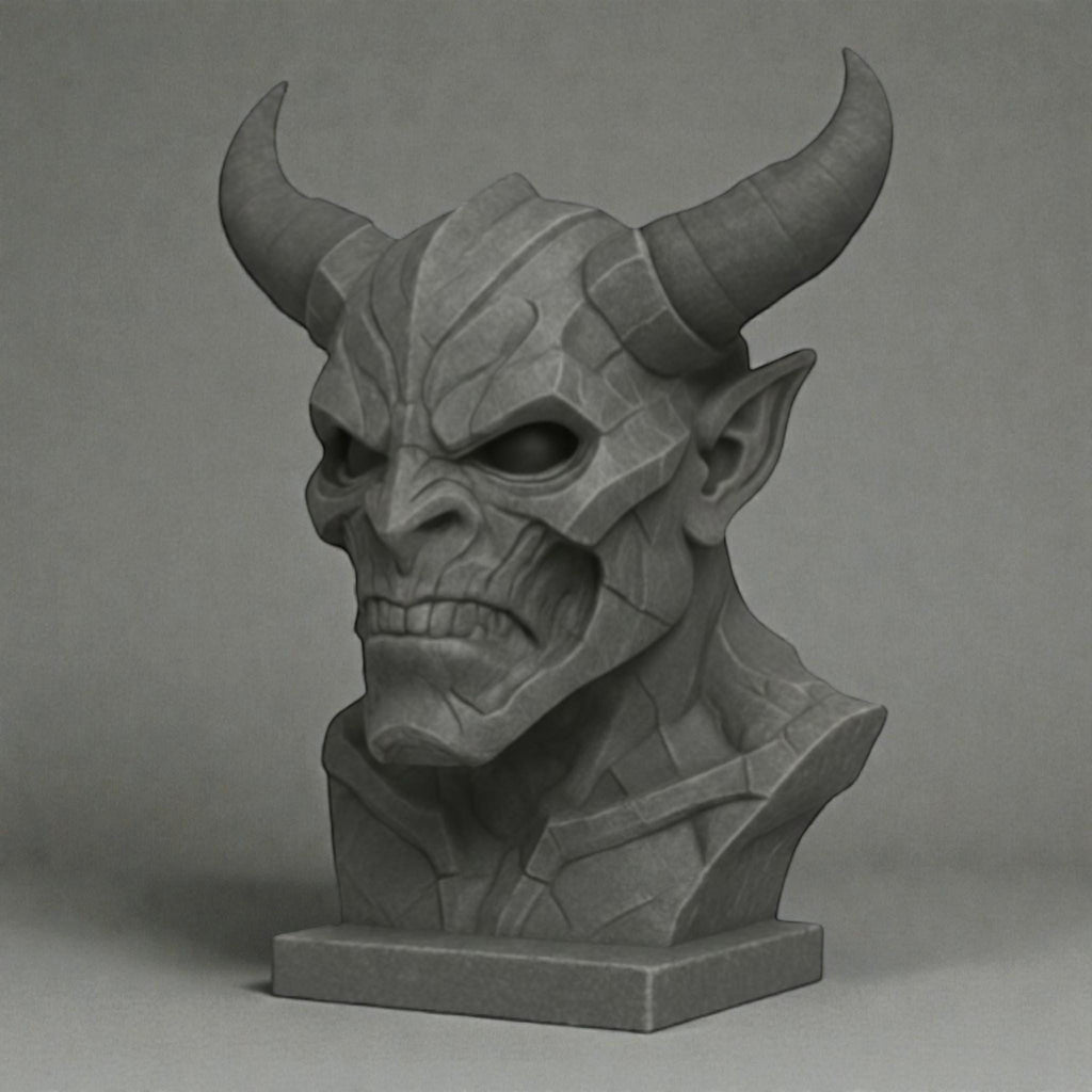 Happy3dWorld grey 3D printed cyberpunk demon bust headphone stand with detailed horns and industrial matte finish
