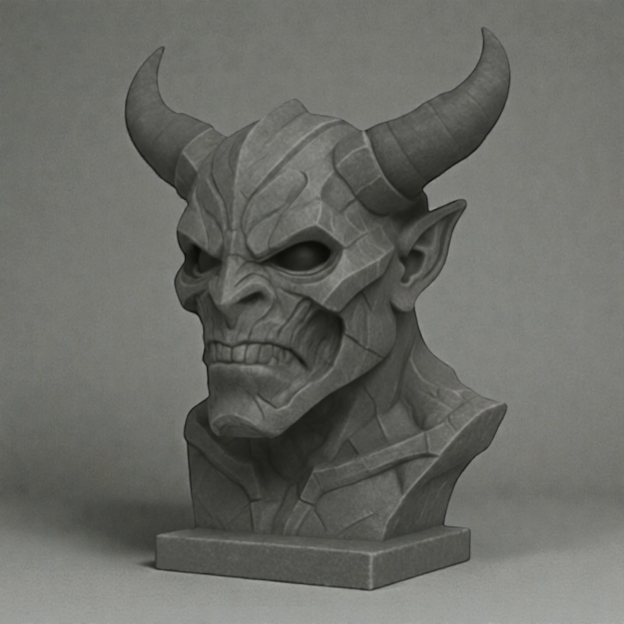 Happy3dWorld grey 3D printed cyberpunk demon bust headphone stand with detailed horns and industrial matte finish