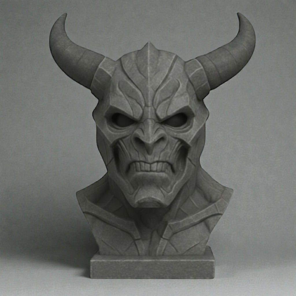 Happy3dWorld gray 3D printed cyberpunk demon bust headphone stand with matte industrial finish