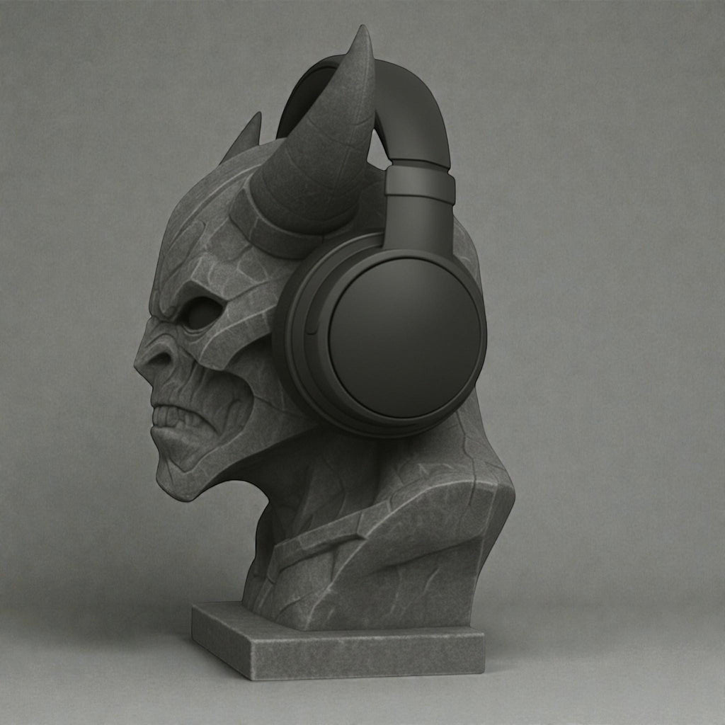 Happy3dWorld matte black 3D printed cyber demon bust headphone stand holding over-ear gaming headset