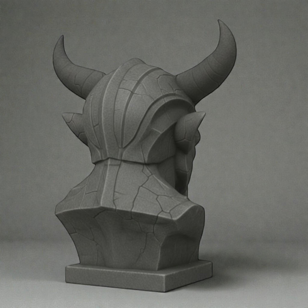 Happy3dWorld gray 3D printed cyber demon headphone stand bust with horned industrial design on a neutral background